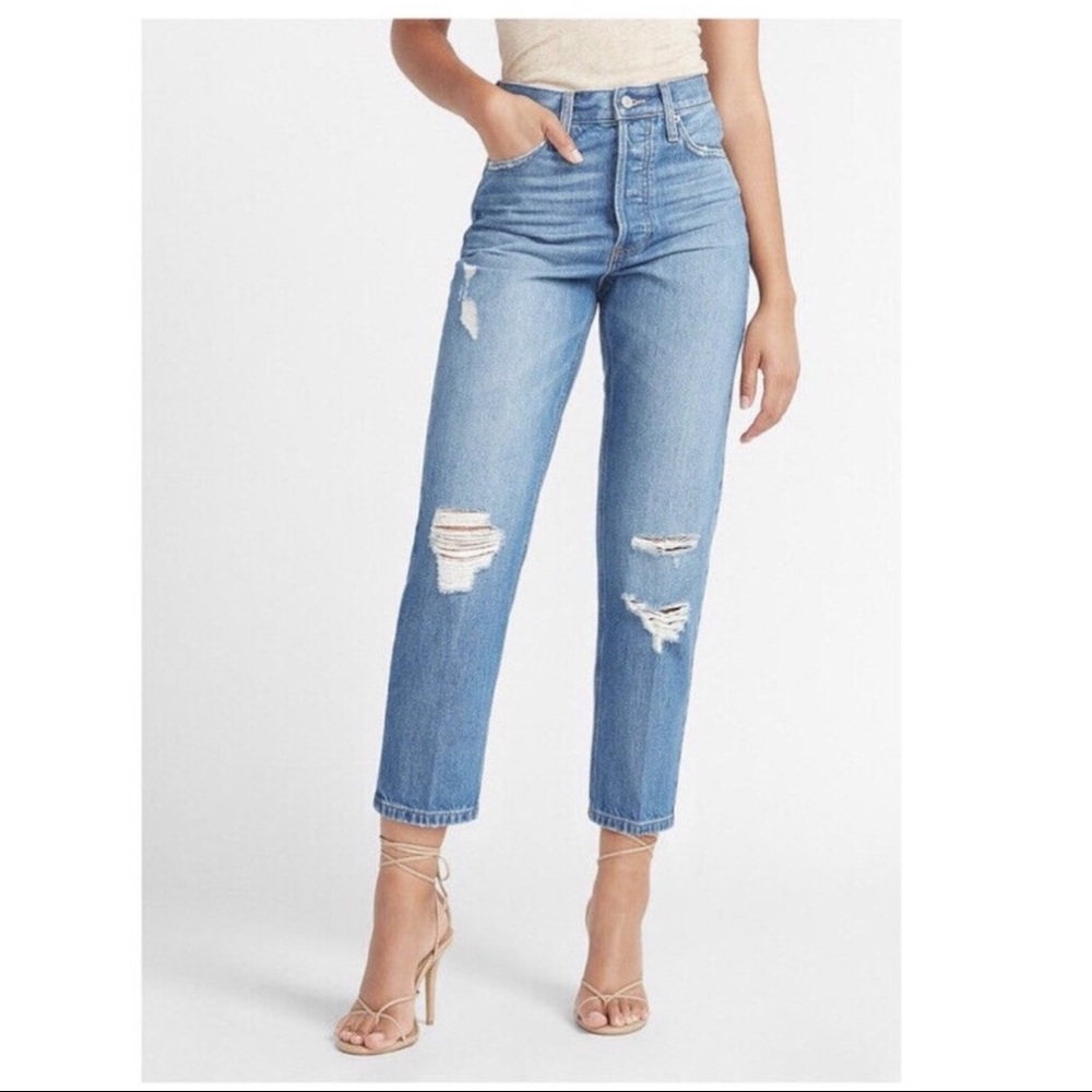 Express High Rise 100% Cotton Distressed Dad Jeans